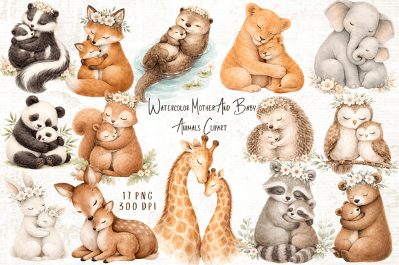 Download Mother &amp; Baby Animals Watercolor Clipart - Mother Collection