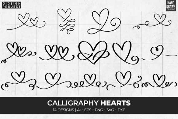 Download 14 Calligraphy Hearts, Hand Drawn Heart - Hand Collection